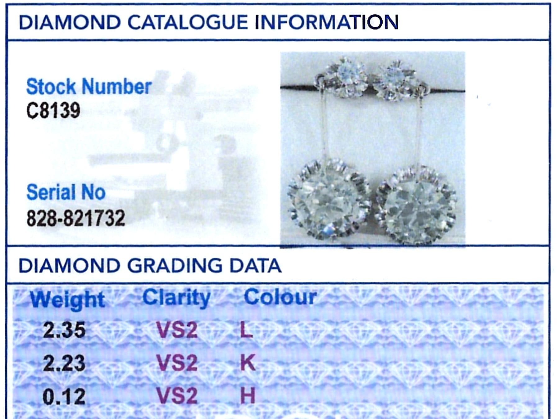 1920s Antique 4.70 Carat Diamond and Platinum Drop Earrings For Sale 3