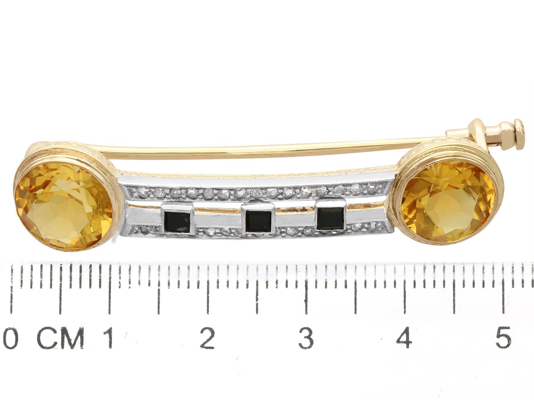 1920s 6.69 Carat Citrine Diamond and Onyx Yellow Gold Brooch For Sale 2
