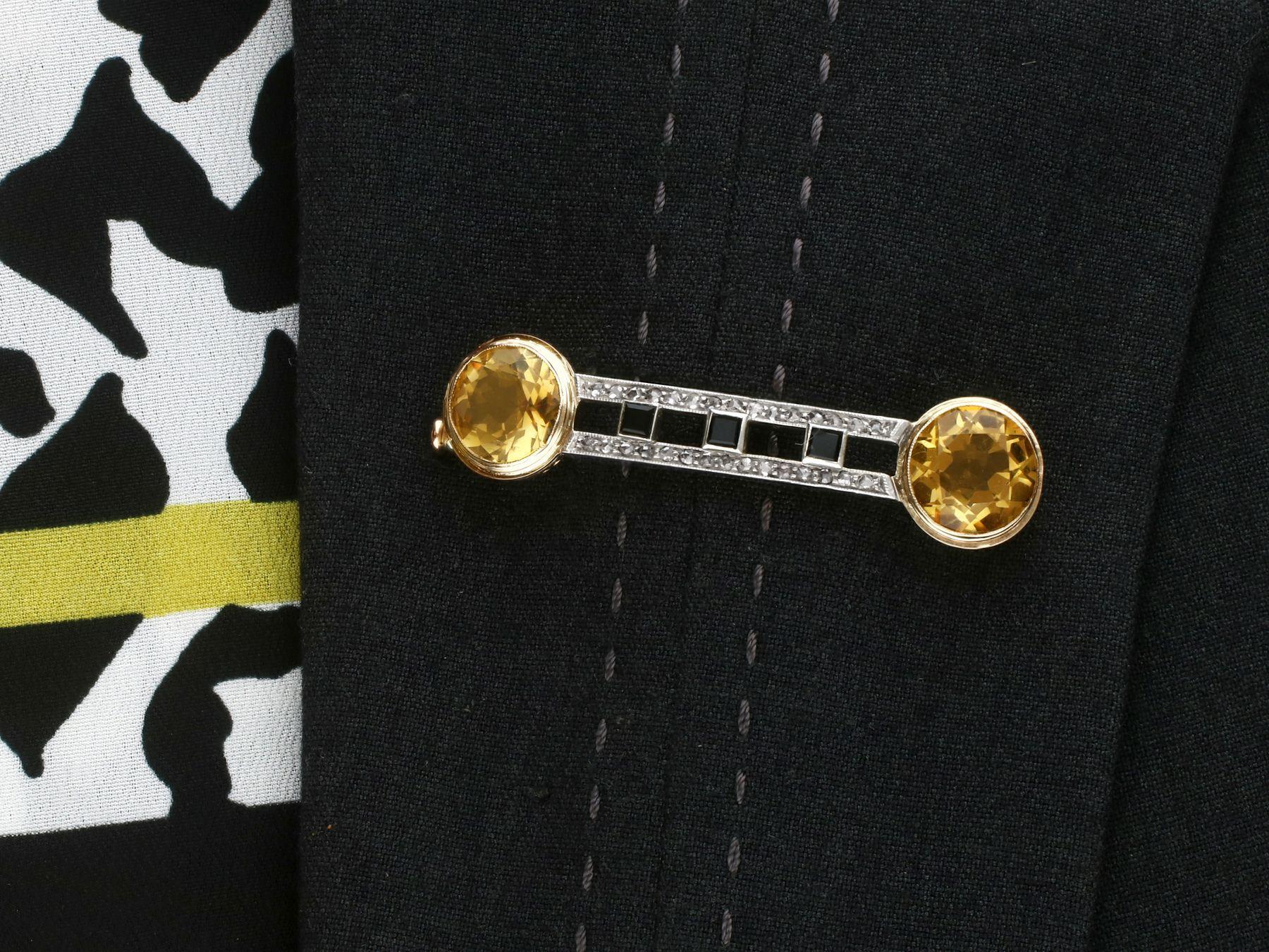 1920s 6.69 Carat Citrine Diamond and Onyx Yellow Gold Brooch For Sale 3