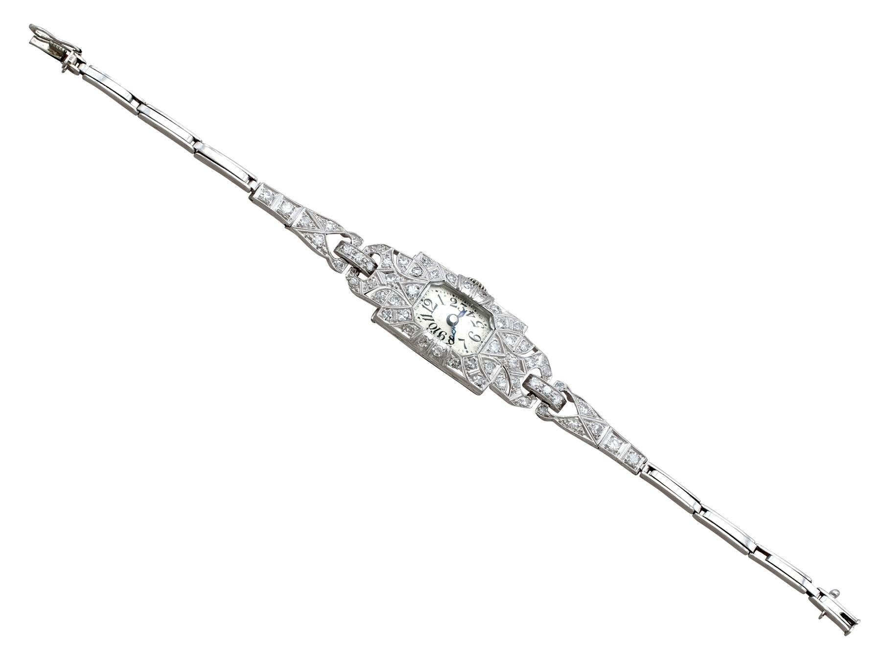 An impressive antique 1920's Art Deco 1.86 Ct diamond and platinum ladies cocktail watch; part of our diverse antique jewelry and estate jewelry collections.

This stunning, fine and impressive 1920's ladies diamond watch has been crafted in
