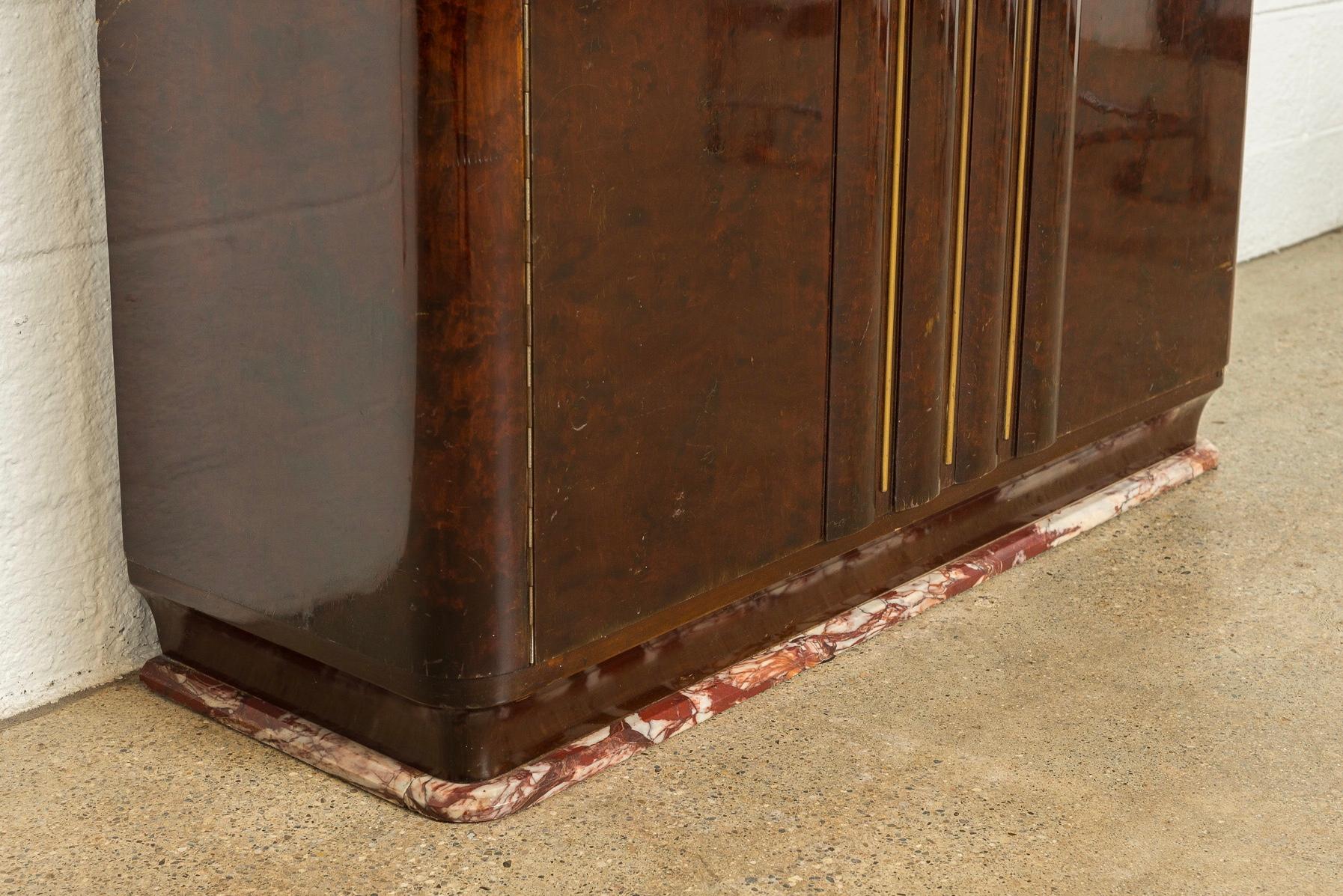 1920s Antique Art Deco Burl Wood Bar Cabinet with Marble Base In Good Condition In Detroit, MI