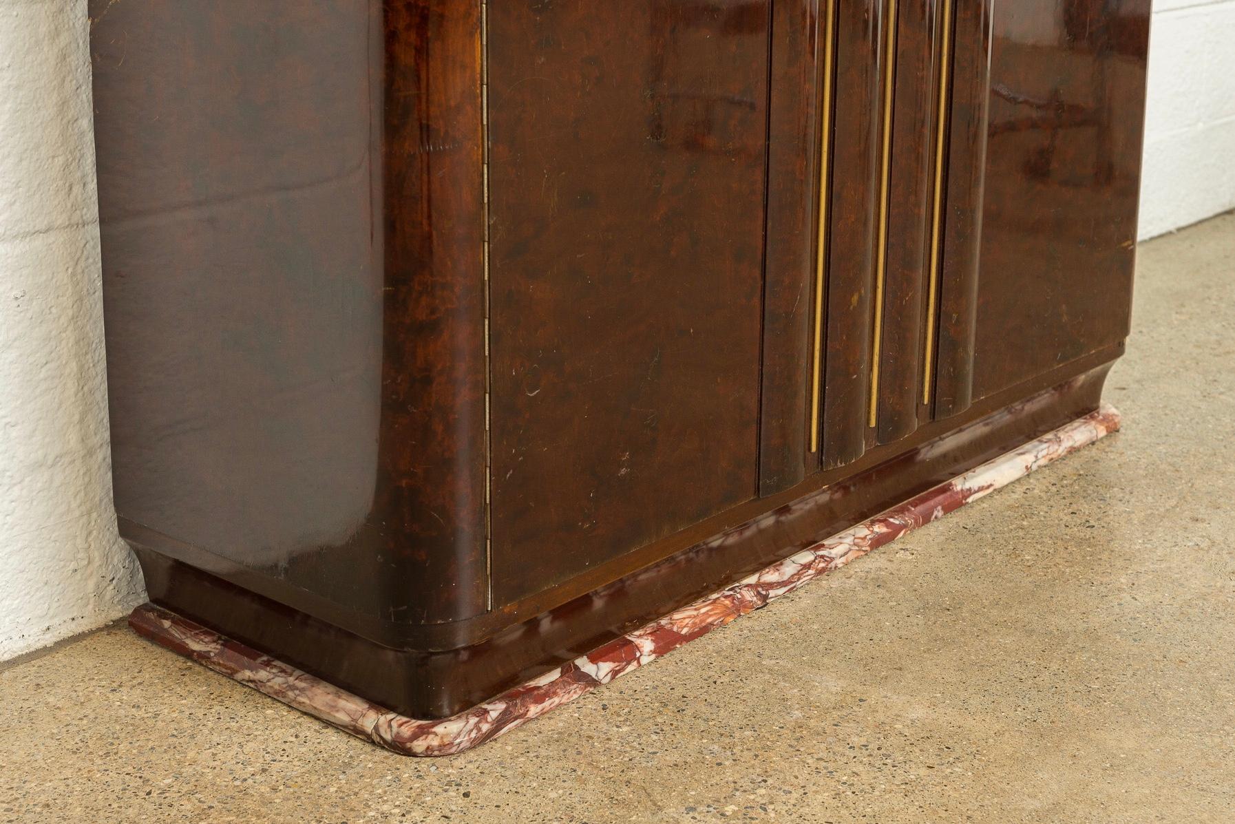 1920s Antique Art Deco Burl Wood Bar Cabinet with Marble Base In Good Condition For Sale In Detroit, MI