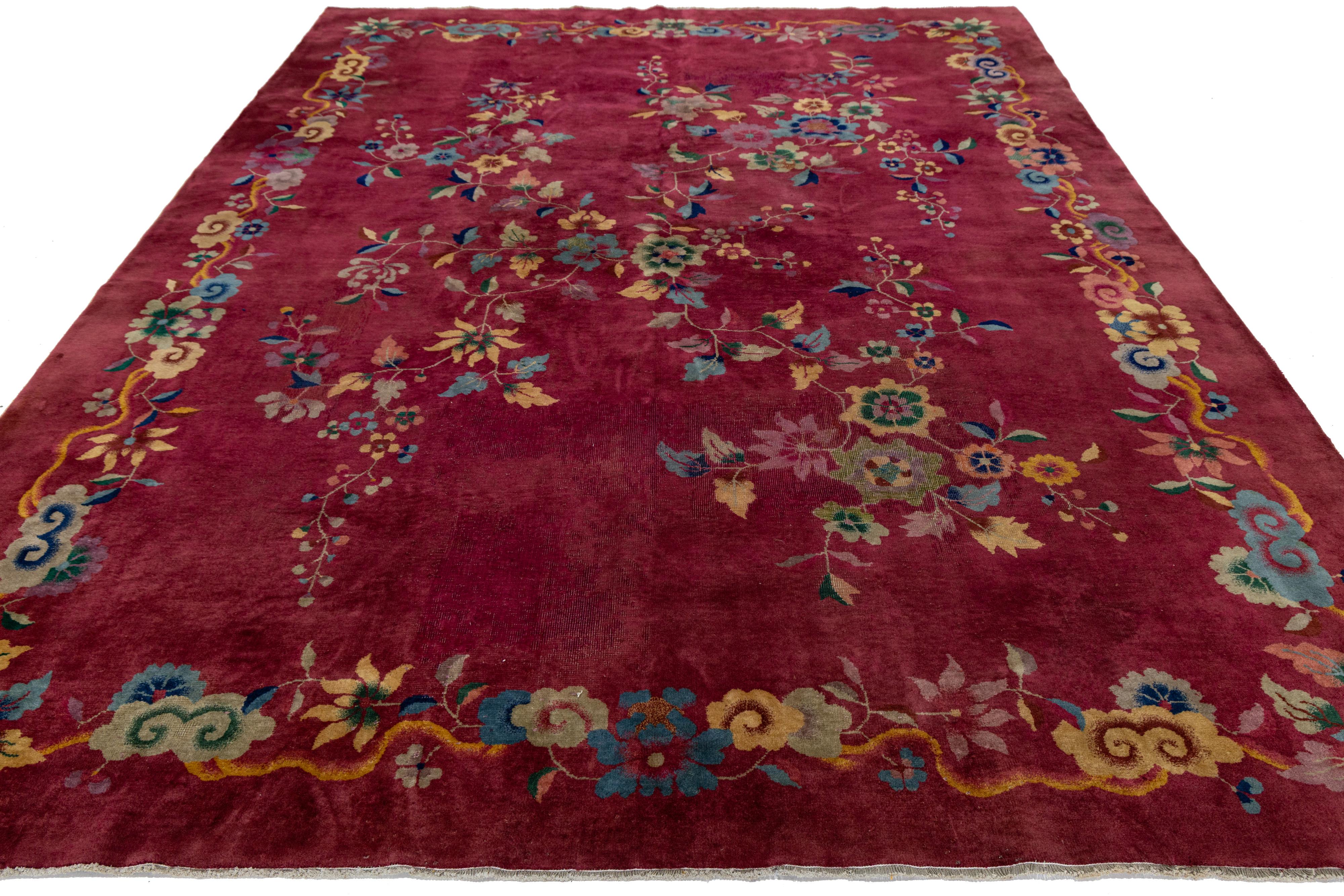 1920er Jahre Antike Art Deco Chinesisch Rot Wolle Teppich mit Blumenmuster im Angebot 4