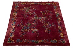 1920s Antique Art Deco Chinese Red Wool Rug With Floral Pattern