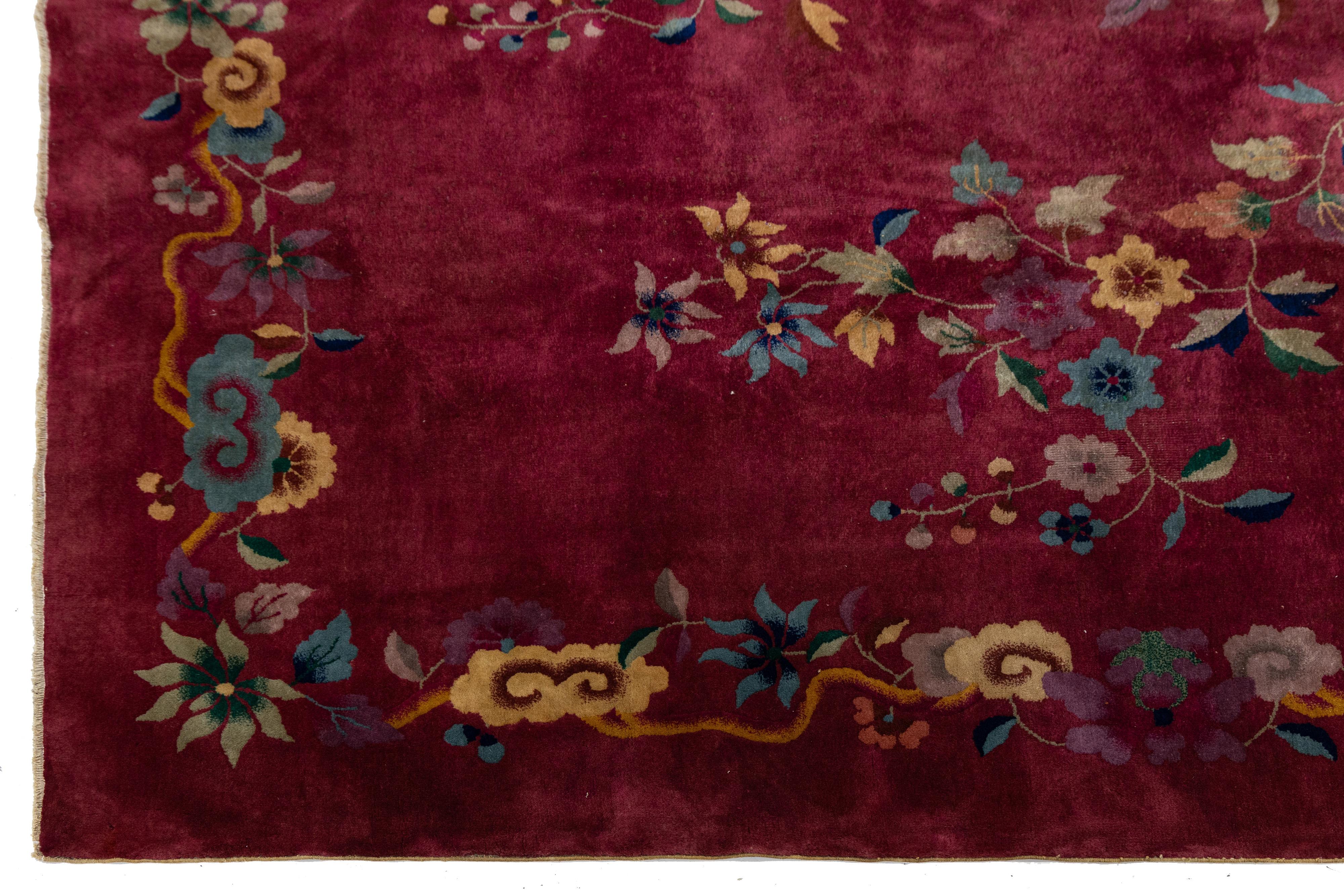 1920er Jahre Antike Art Deco Chinesisch Rot Wolle Teppich mit Blumenmuster im Angebot 2