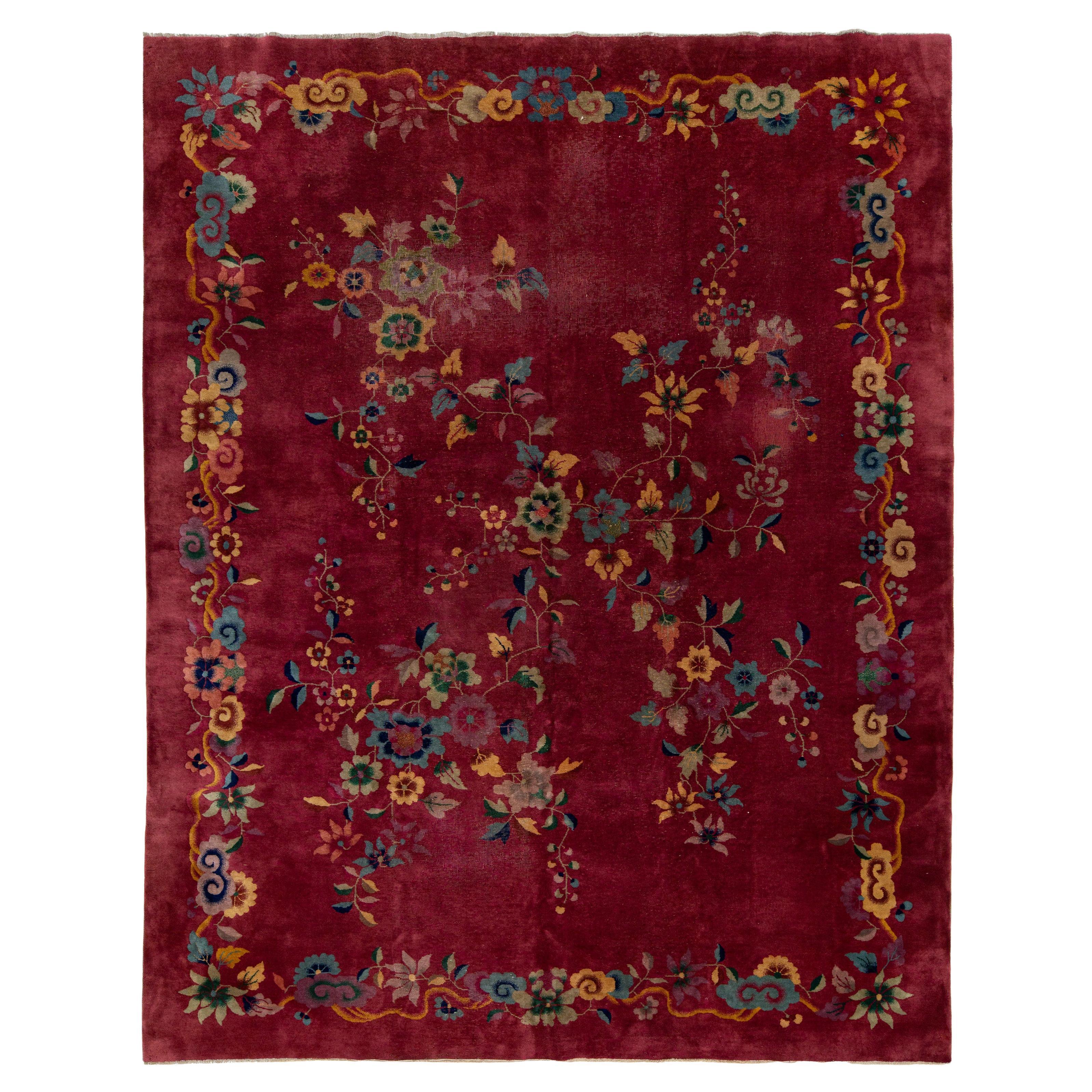 1920er Jahre Antike Art Deco Chinesisch Rot Wolle Teppich mit Blumenmuster im Angebot