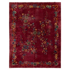 1920er Jahre Antike Art Deco Chinesisch Rot Wolle Teppich mit Blumenmuster