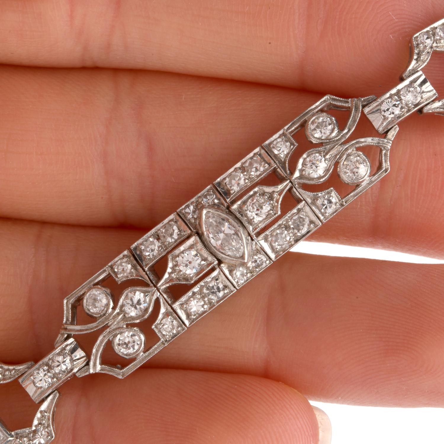 Women's or Men's Antique M. Waslikoff & Sons Art Deco Diamond Platinum Link Bracelet