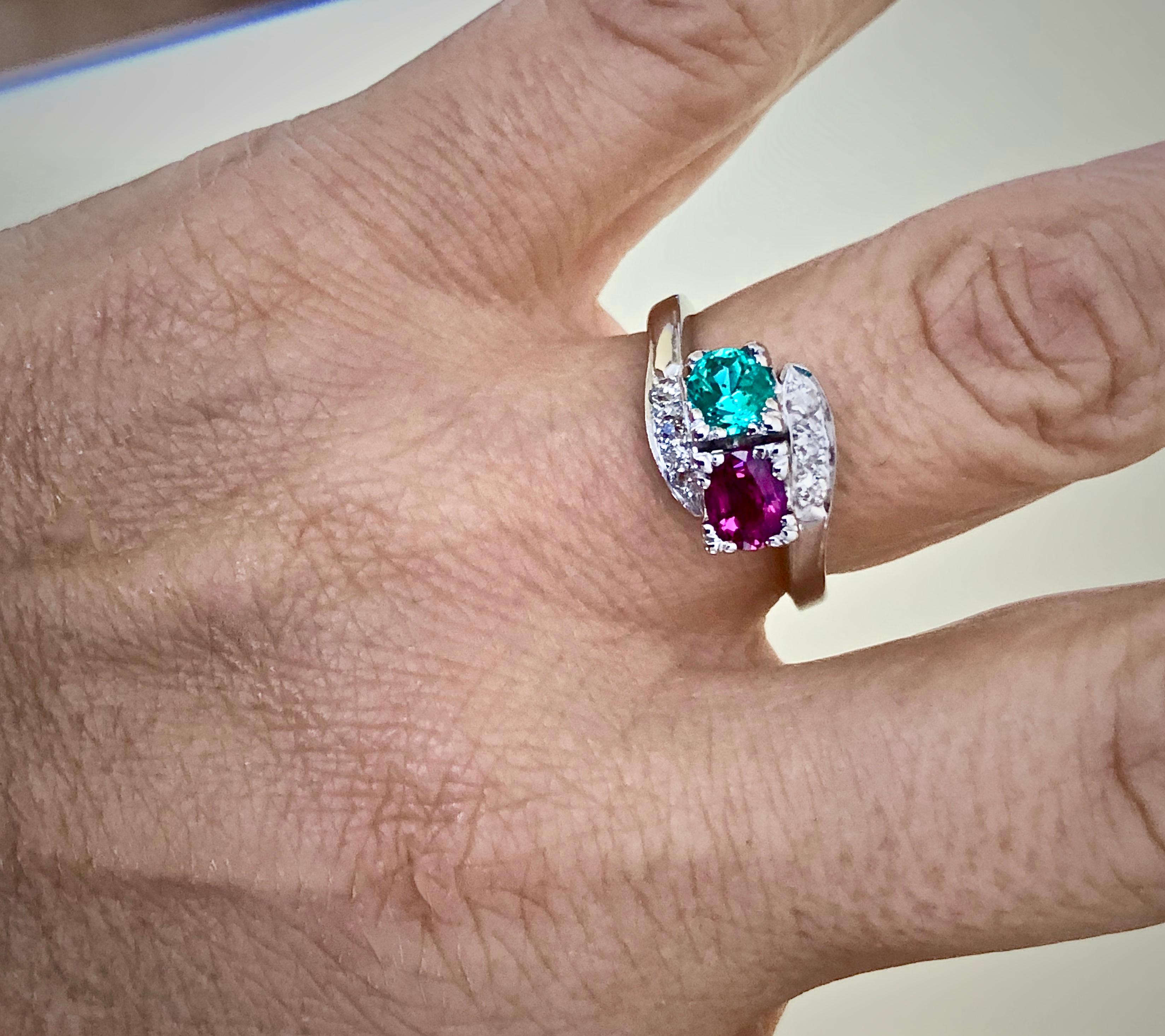 1920s Antique Art Deco Emerald Ruby Diamond Platinum Engagement Ring 1