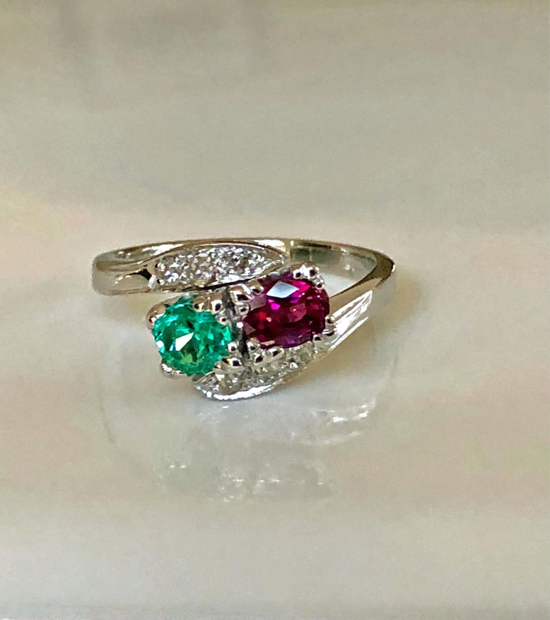 Old Mine Cut 1920s Antique Art Deco Emerald Ruby Diamond Platinum Engagement Ring