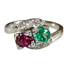1920s Antique Art Deco Emerald Ruby Diamond Platinum Engagement Ring