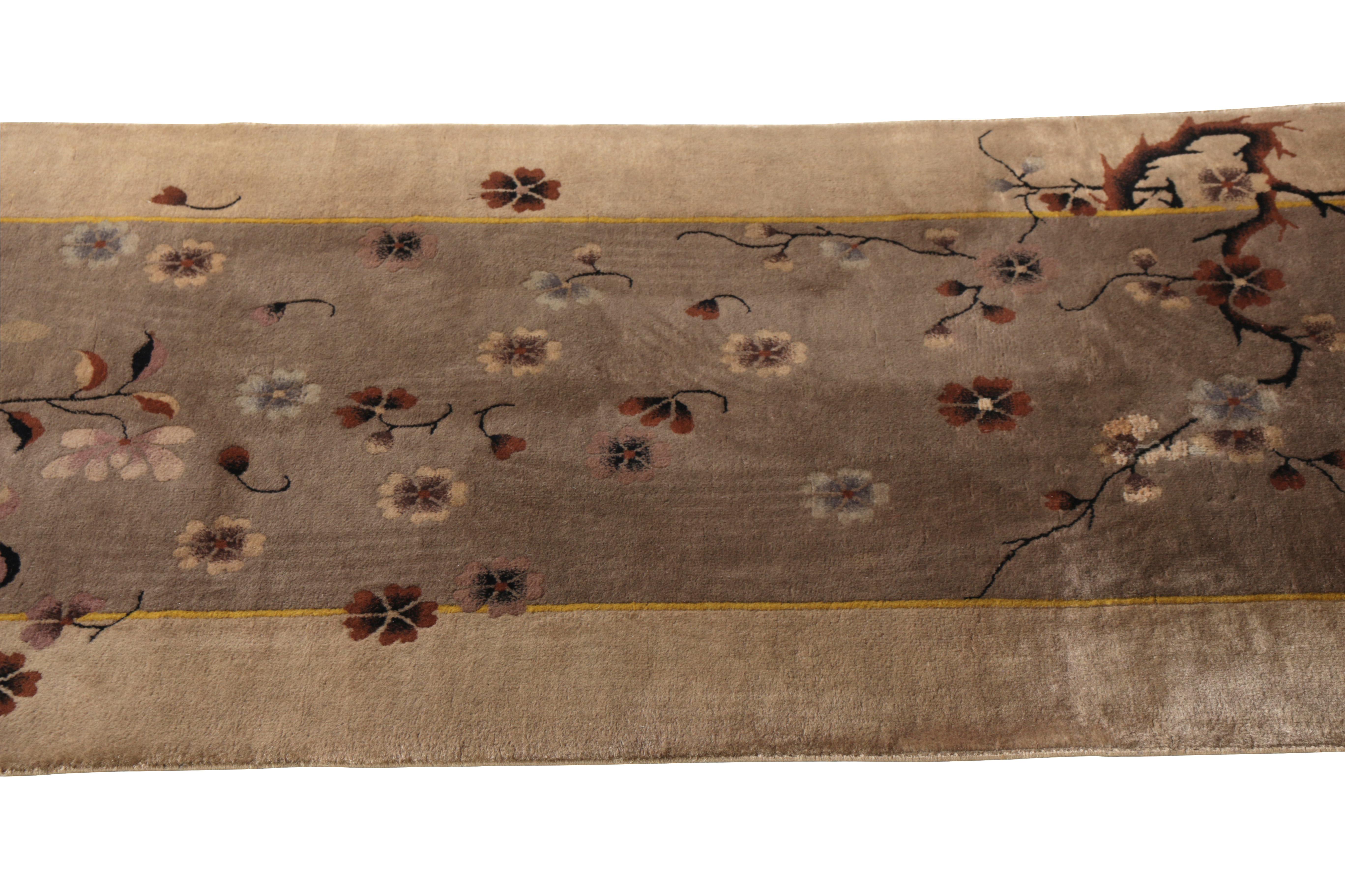 Hand-Knotted 1920s Antique Art Deco Rug Beige Brown Chinese Floral Pattern