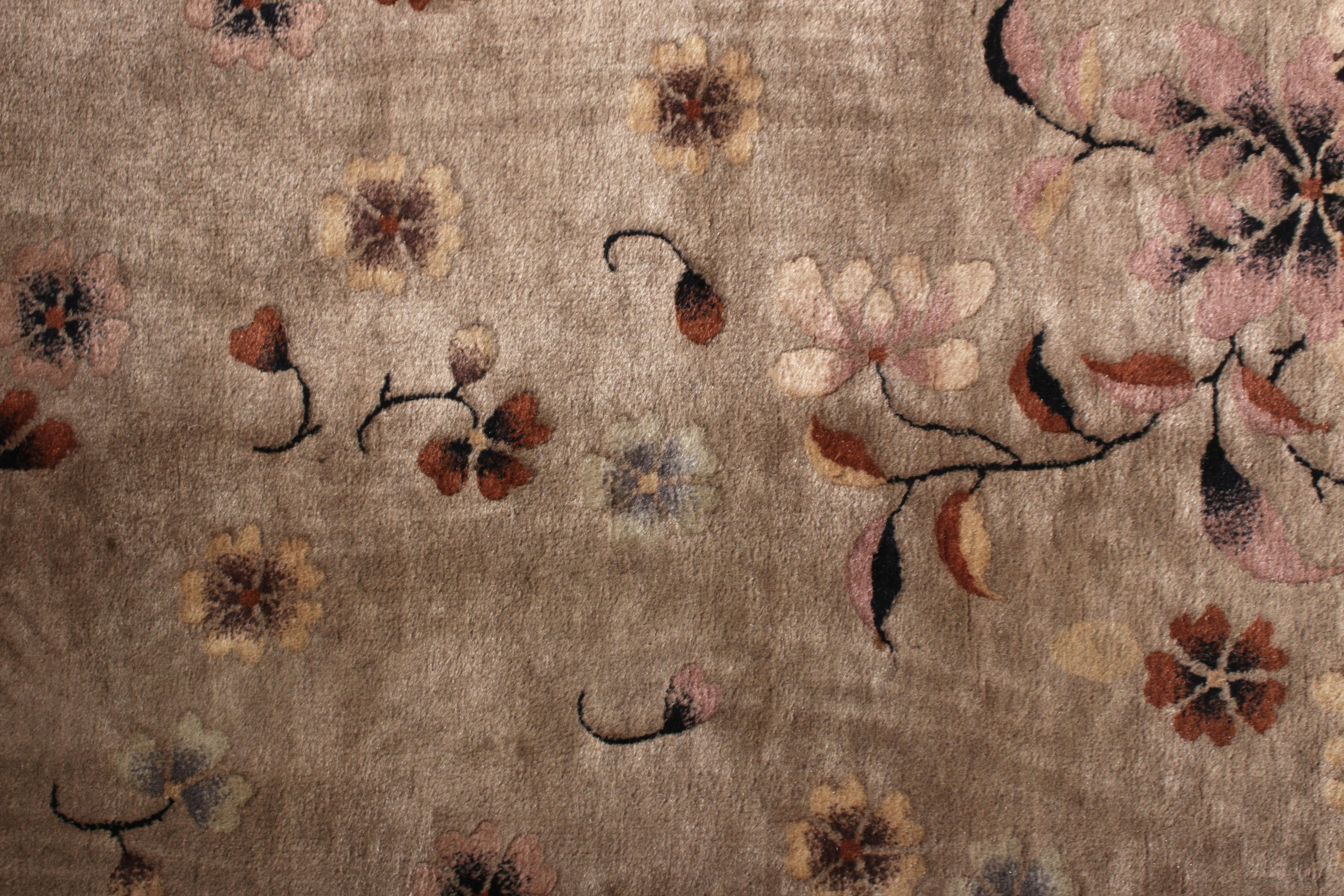 Early 20th Century 1920s Antique Art Deco Rug Beige Brown Chinese Floral Pattern