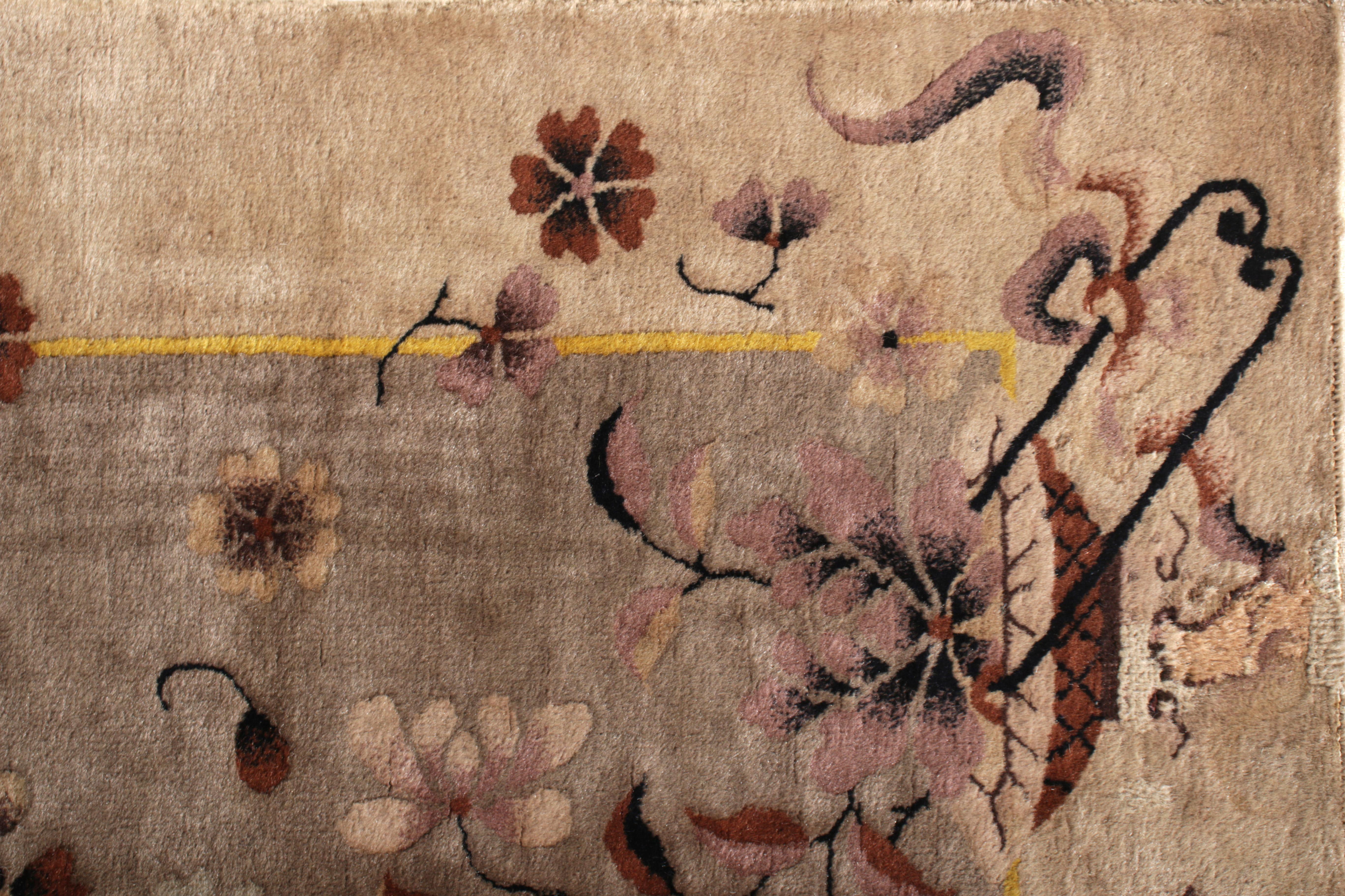 Wool 1920s Antique Art Deco Rug Beige Brown Chinese Floral Pattern