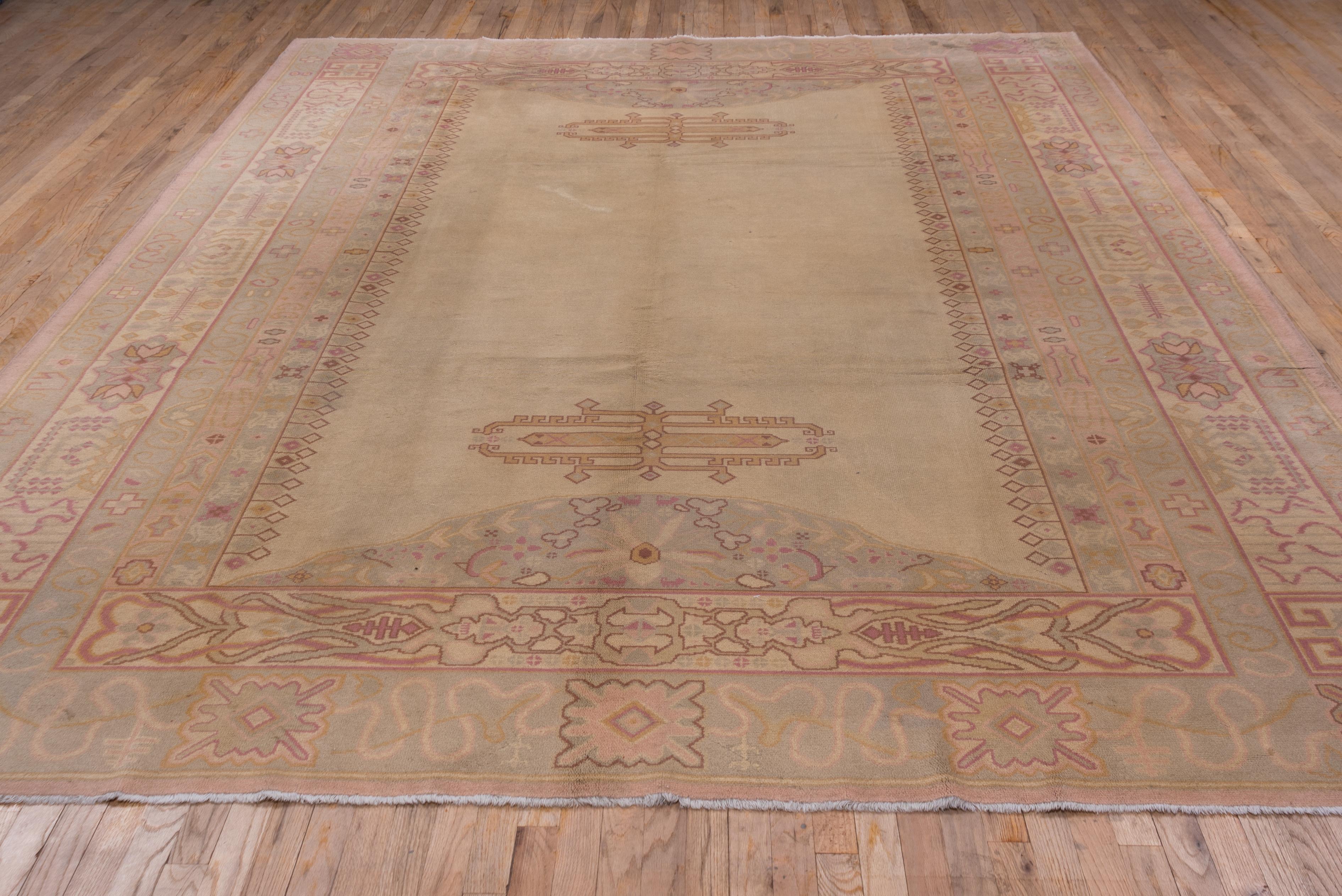 Hand-Knotted 1920s Antique Austrian Carpet, Art Nouveau Style, Pink Green and Yellow Tones For Sale