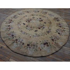 1920s Antique Beige Bouquets Roses Folk Art American Hooked Cotton Round Rug