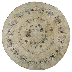 1920s Antique Beige Bouquets Roses Folk Art American Hooked Cotton Round Rug