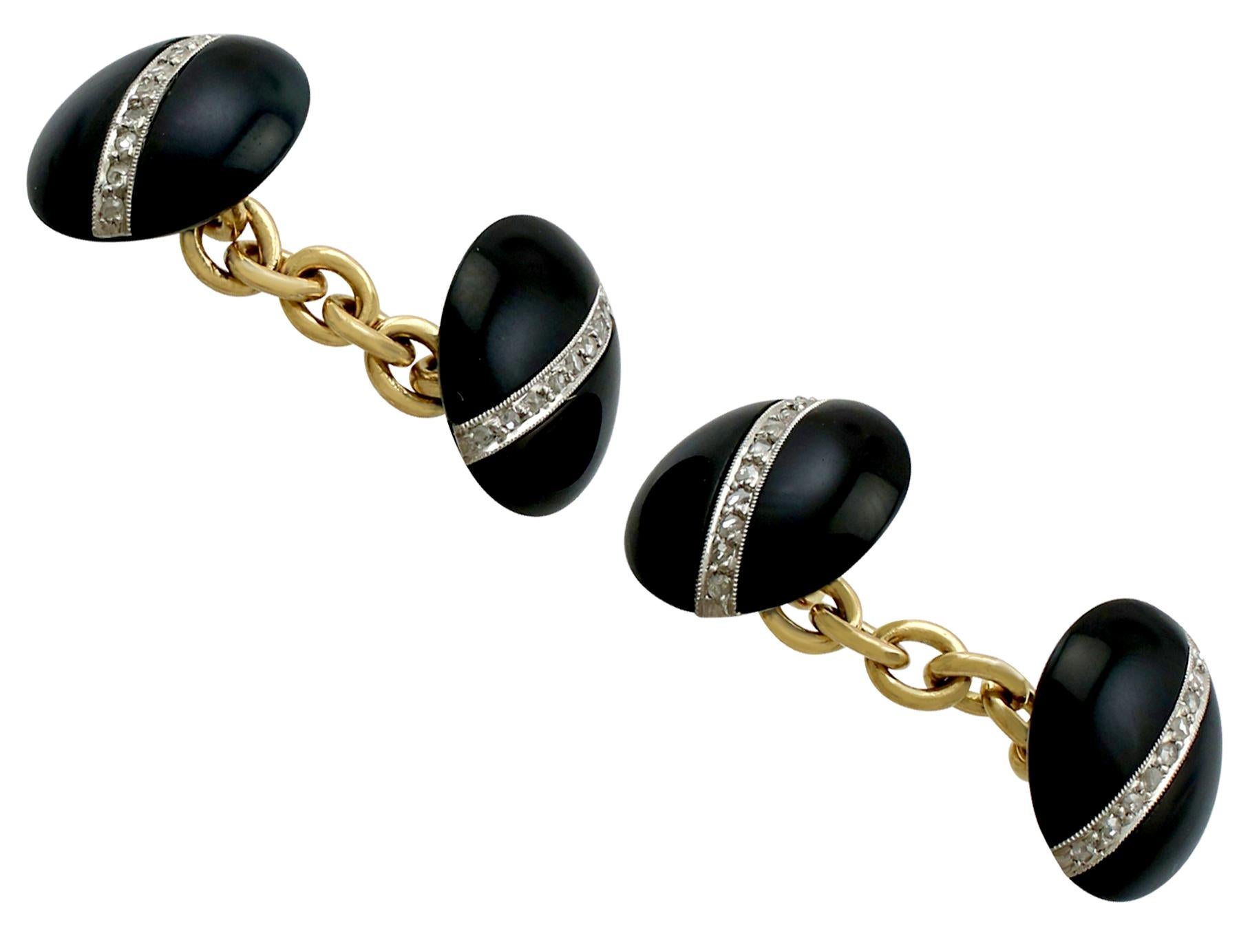 1920s Antique Black Onyx and Diamond Platinum and Yellow Gold Cufflinks In Excellent Condition In Jesmond, Newcastle Upon Tyne