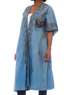 1920S Bleu poussière Mélange soie/coton antique teint à la main Manches courtes Mésopotamienne