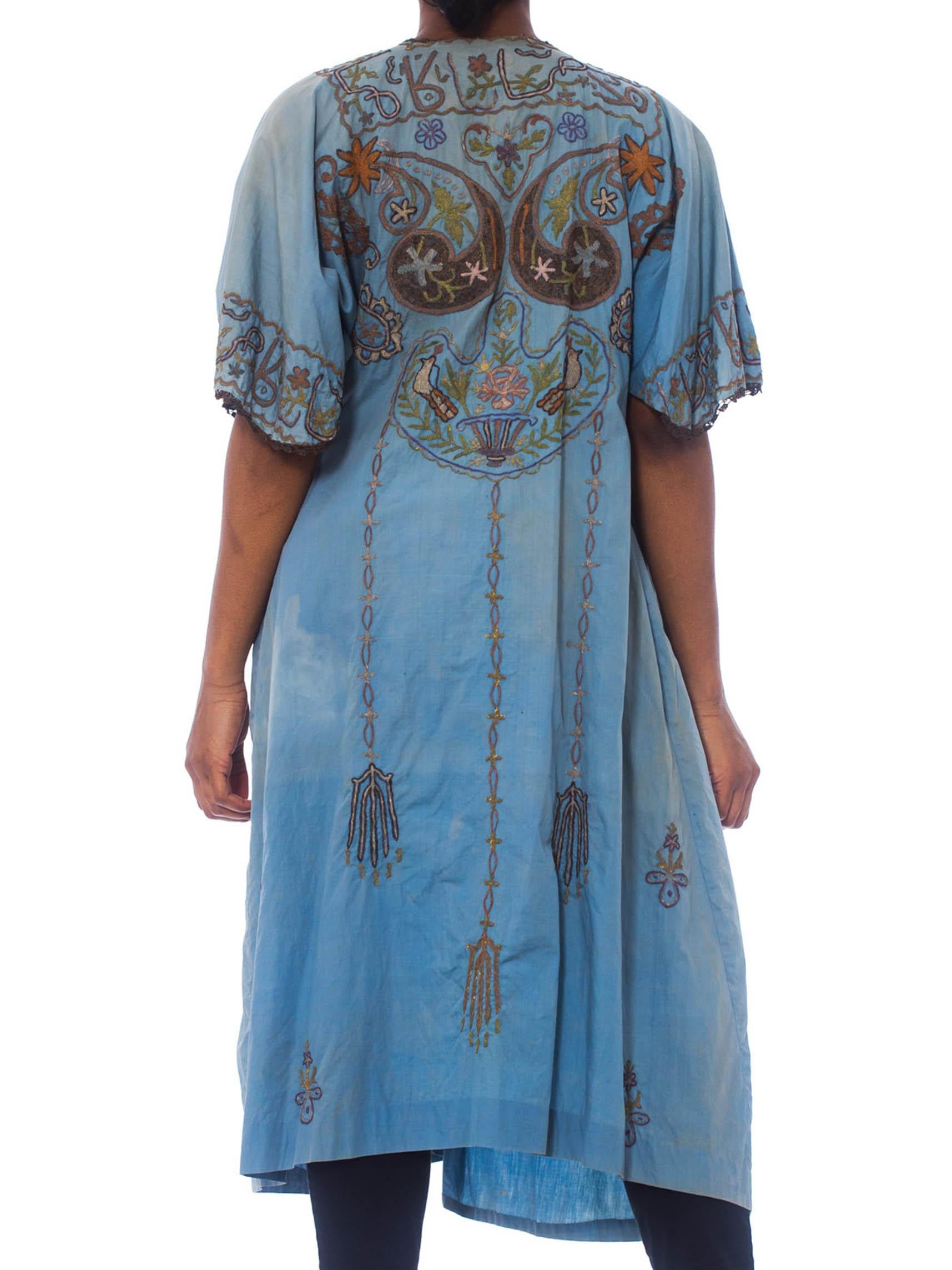 Women's 1920S Dusty Blue Silk/Cotton Blend Antique Hand Dyed Short Sleeve Mesopotamian  For Sale
