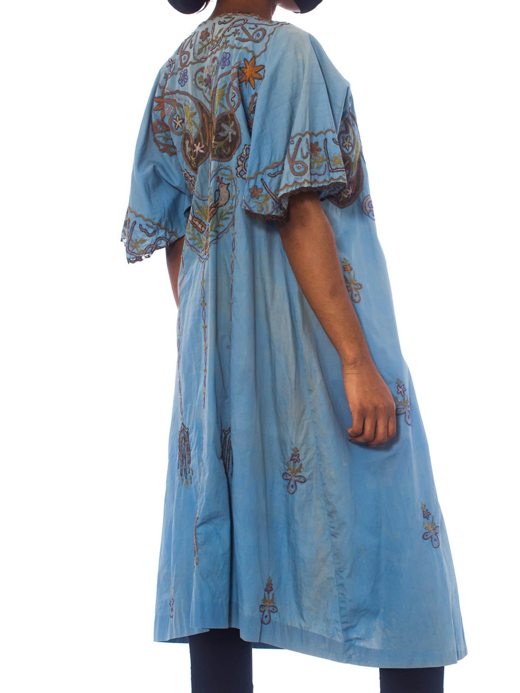 1920S Dusty Blue Silk/Cotton Blend Antique Hand Dyed Short Sleeve Mesopotamian  For Sale 1