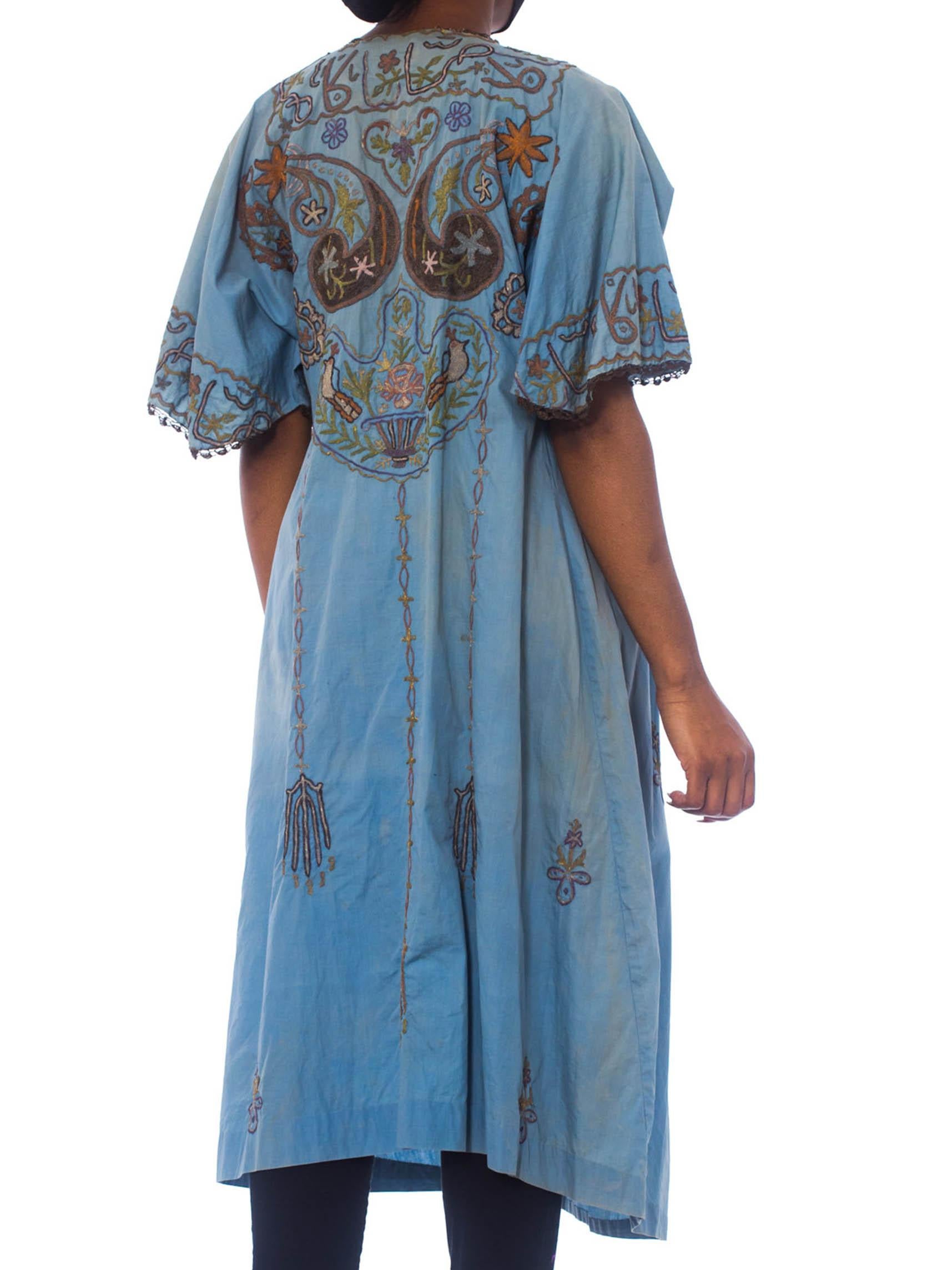 1920S Dusty Blue Silk/Cotton Blend Antique Hand Dyed Short Sleeve Mesopotamian  For Sale 2