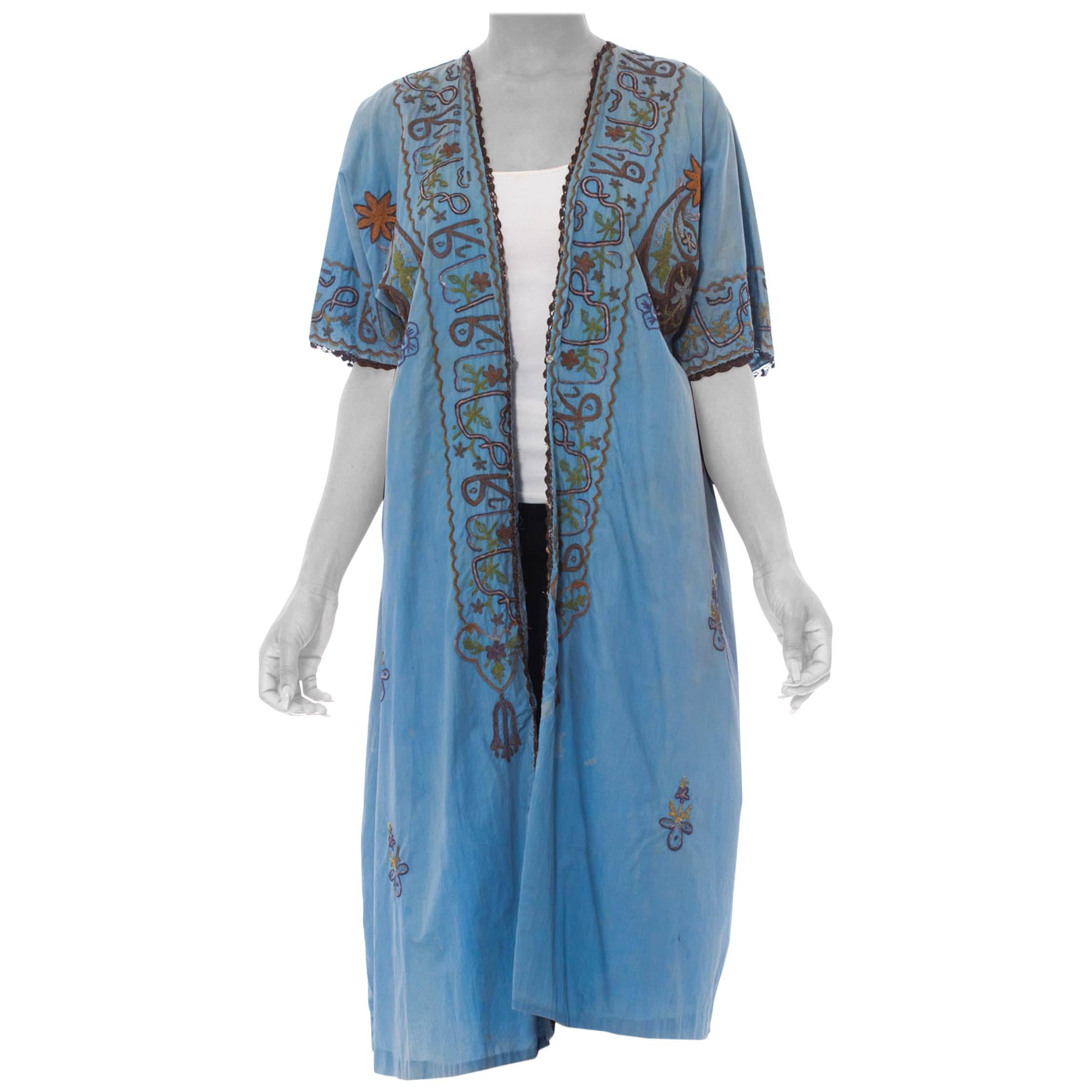 1920S Dusty Blue Silk/Cotton Blend Antique Hand Dyed Short Sleeve Mesopotamian  For Sale