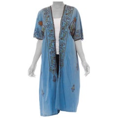 1920S Dusty Blue Silk/Cotton Blend Antique Hand Dyed Short Sleeve Mesopotamian 