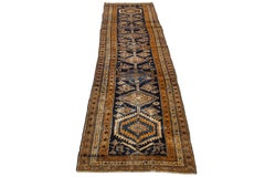 1920s Antique Blue Heriz Wool Runner Handmade with Tribal Motif