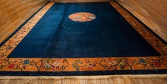 1920s Antique Blue Navy Grand Scale Medallion Knotted Wool Chinese Art Deco Rug