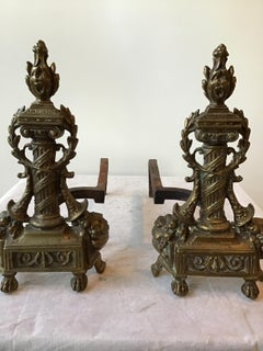 1920s Antique Brass Ornate Andirons
