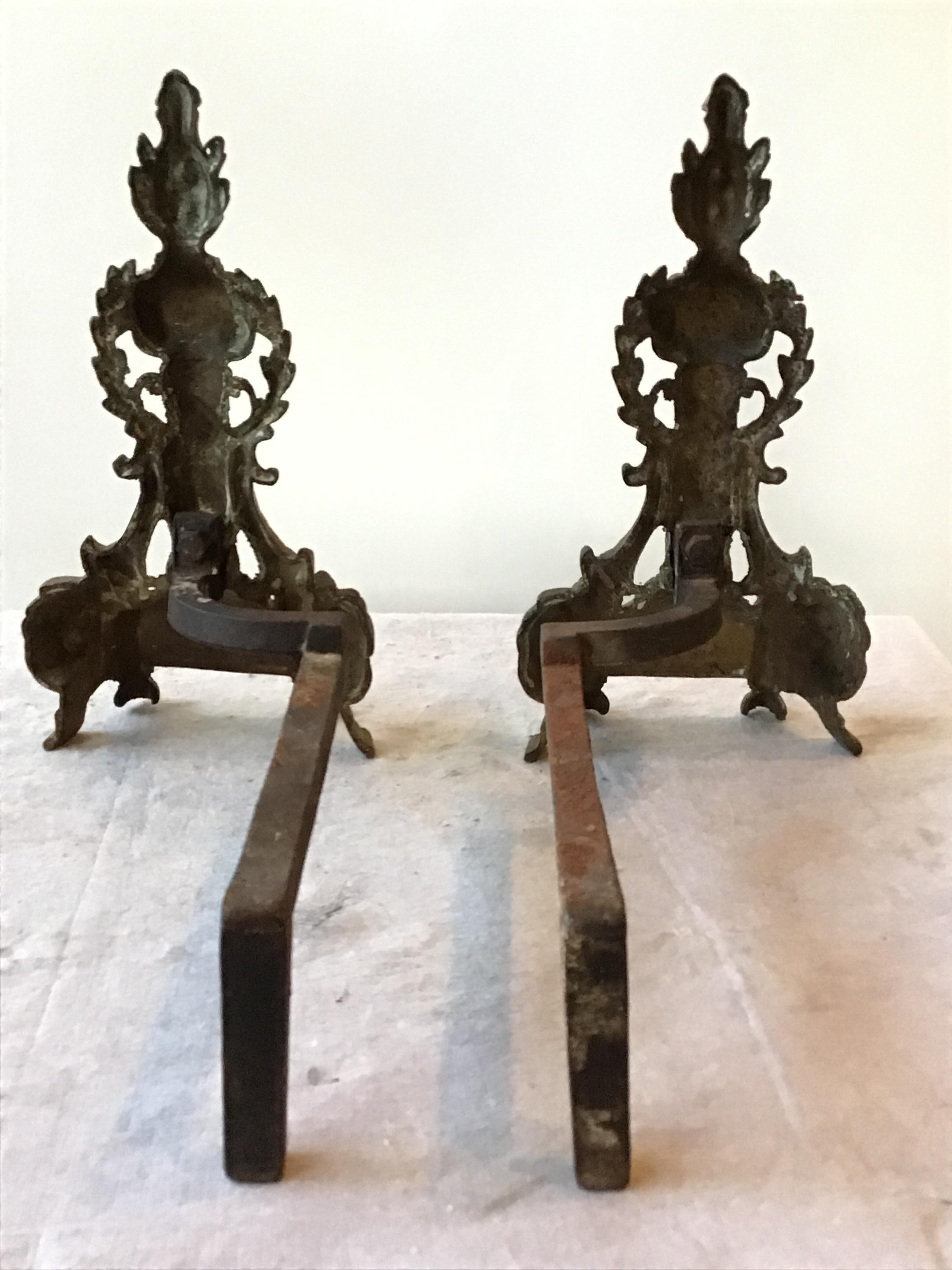 1920s Antique Brass Ornate Andirons For Sale 2