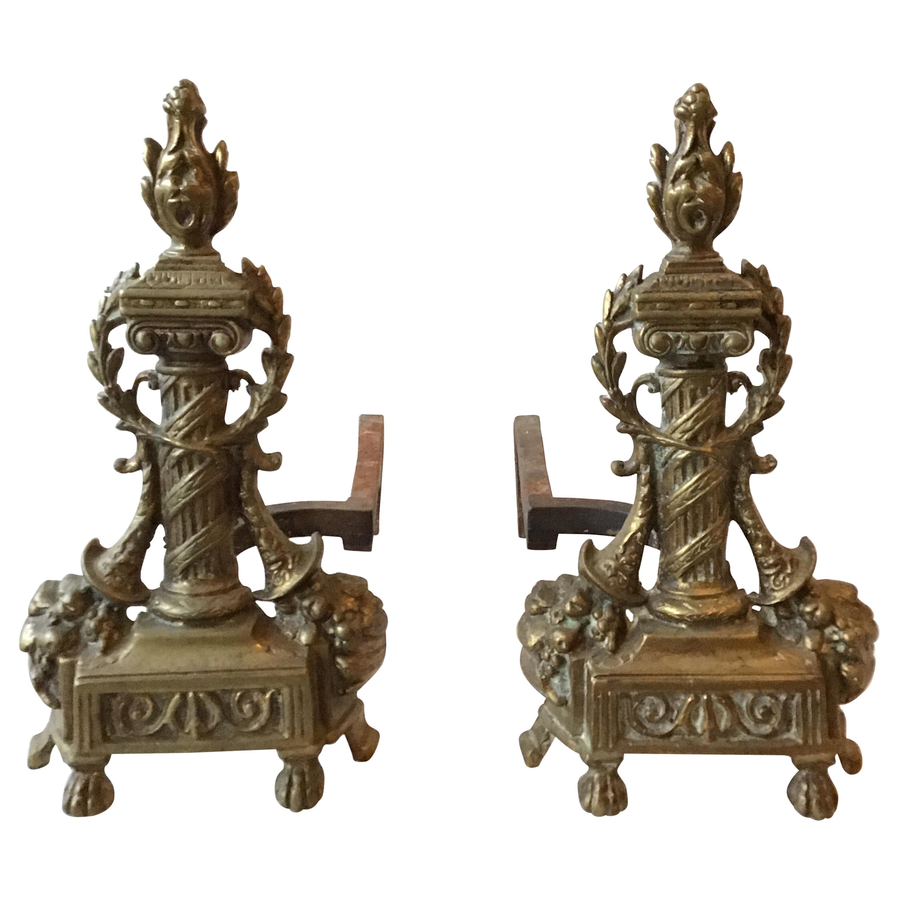 1920s Antique Brass Ornate Andirons For Sale