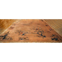 1920s Antique Caramel Field Floral Handknotted Wool Chinese Art Deco Carpet Rug