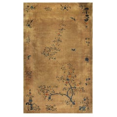 1920s Antique Caramel Field Floral Handknotted Wool Chinese Art Deco Carpet Rug
