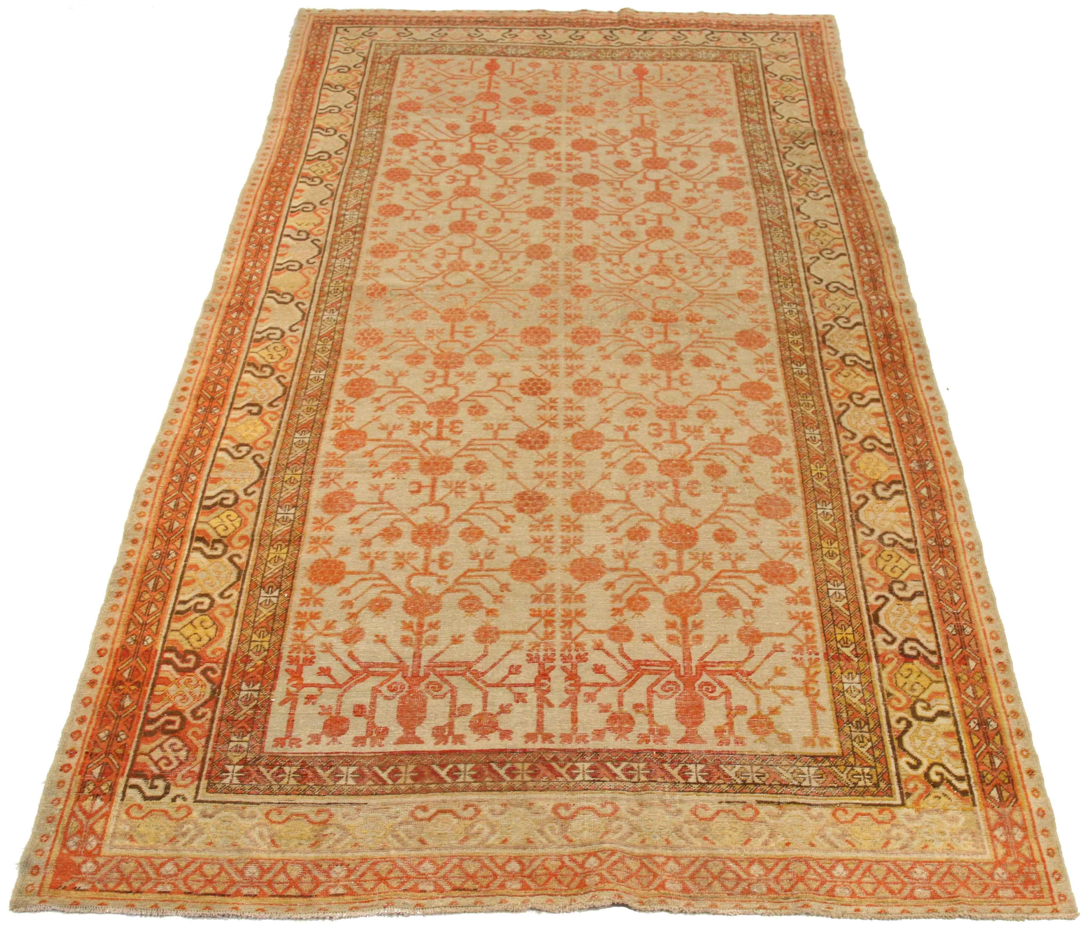 Hand-Knotted 1920s Antique Central Asian Rug Khotan Design with Beige and Orange Motifq For Sale