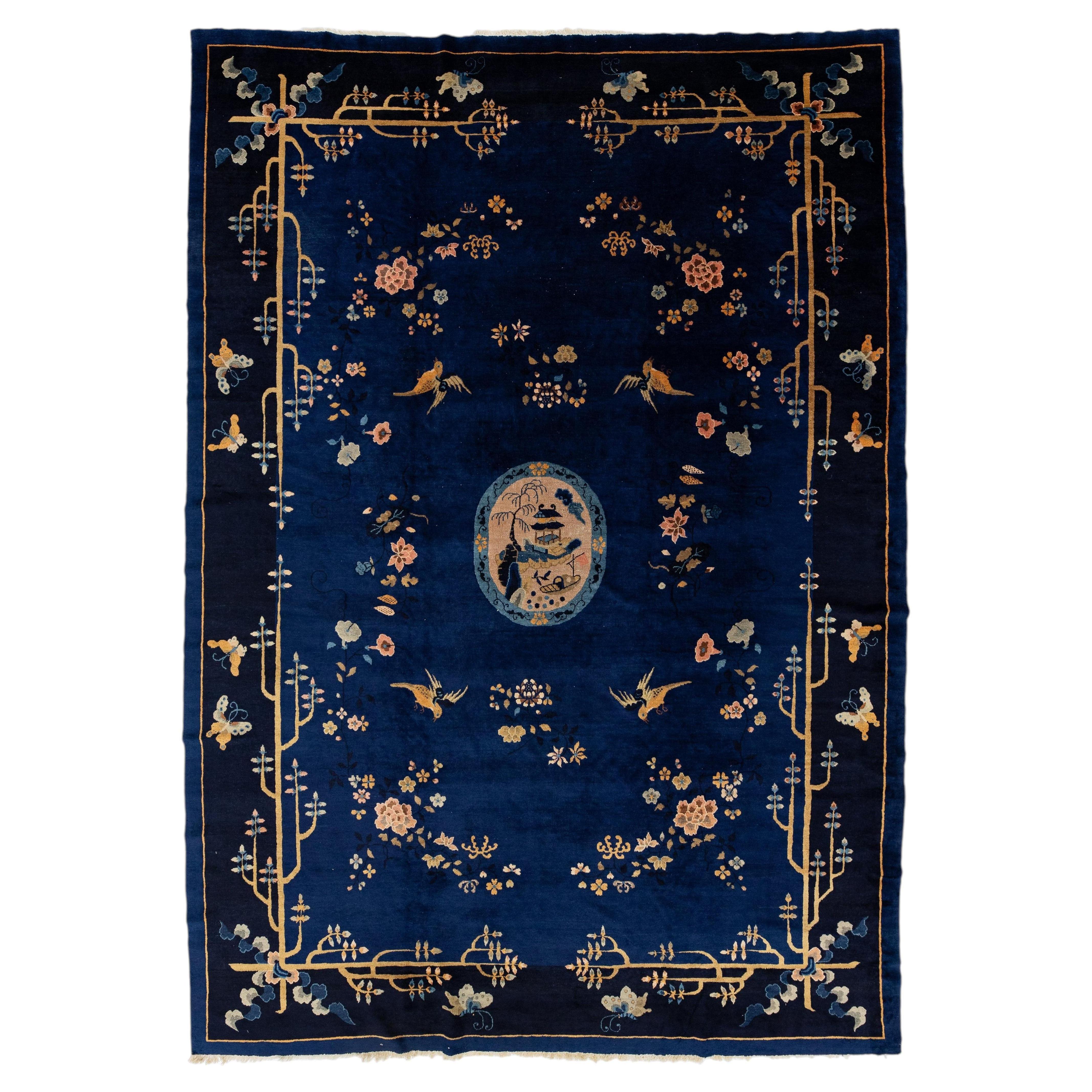 1920s Antique Chinese Art Deco Indigo Blue Wool Rug with Birds and Butterflies