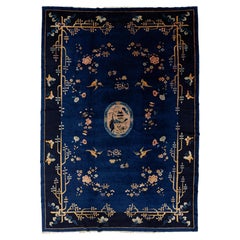 1920s Antique Chinese Art Deco Indigo Blue Wool Rug with Birds and Butterflies