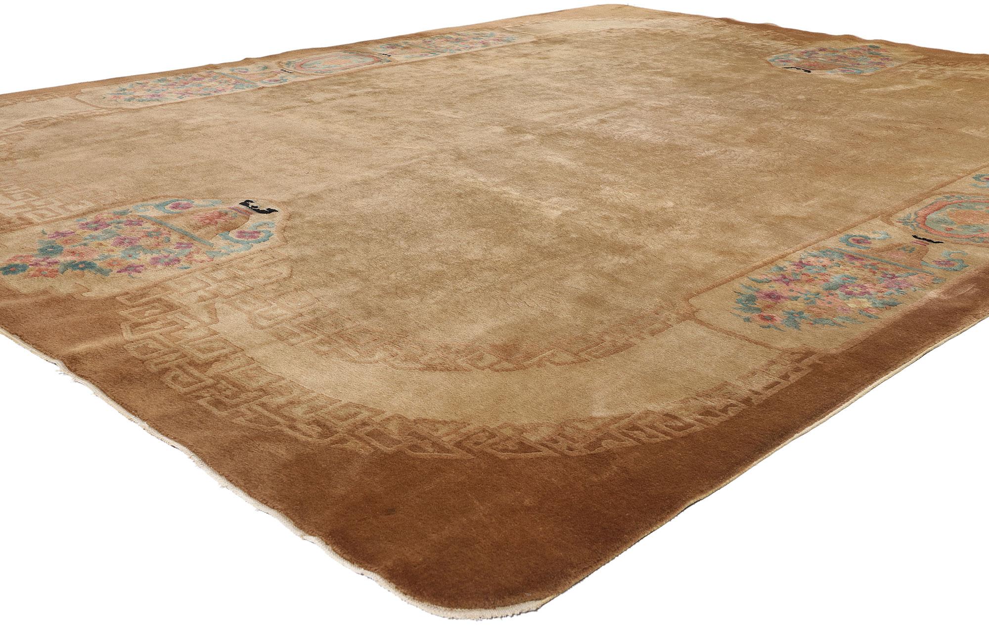 78989 Antique Chinese Art Deco Rug, 09'00 x 11'09. This exquisite hand-knotted wool antique Chinese Art Deco rug embodies the elegance and restrained beauty characteristic of early 20th-century textile artistry in China. Its soft, open tan field