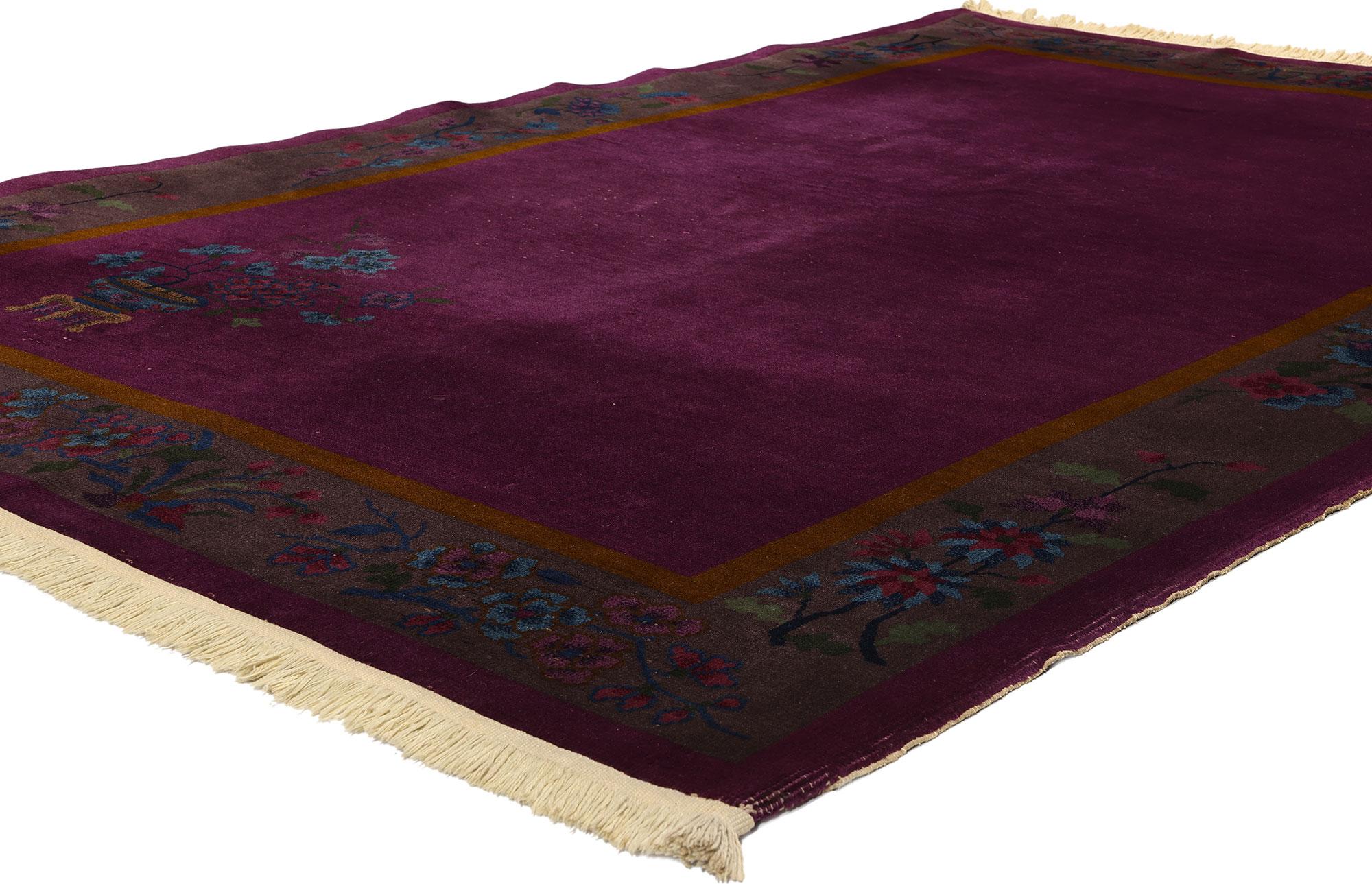 78725 Antique Purple Chinese Art Deco Rug, 04'11 x 07'09. Chinese Art Deco rugs, originating in the early 20th century, marry traditional Chinese motifs with the geometric shapes and vibrant color palettes characteristic of the Art Deco movement.