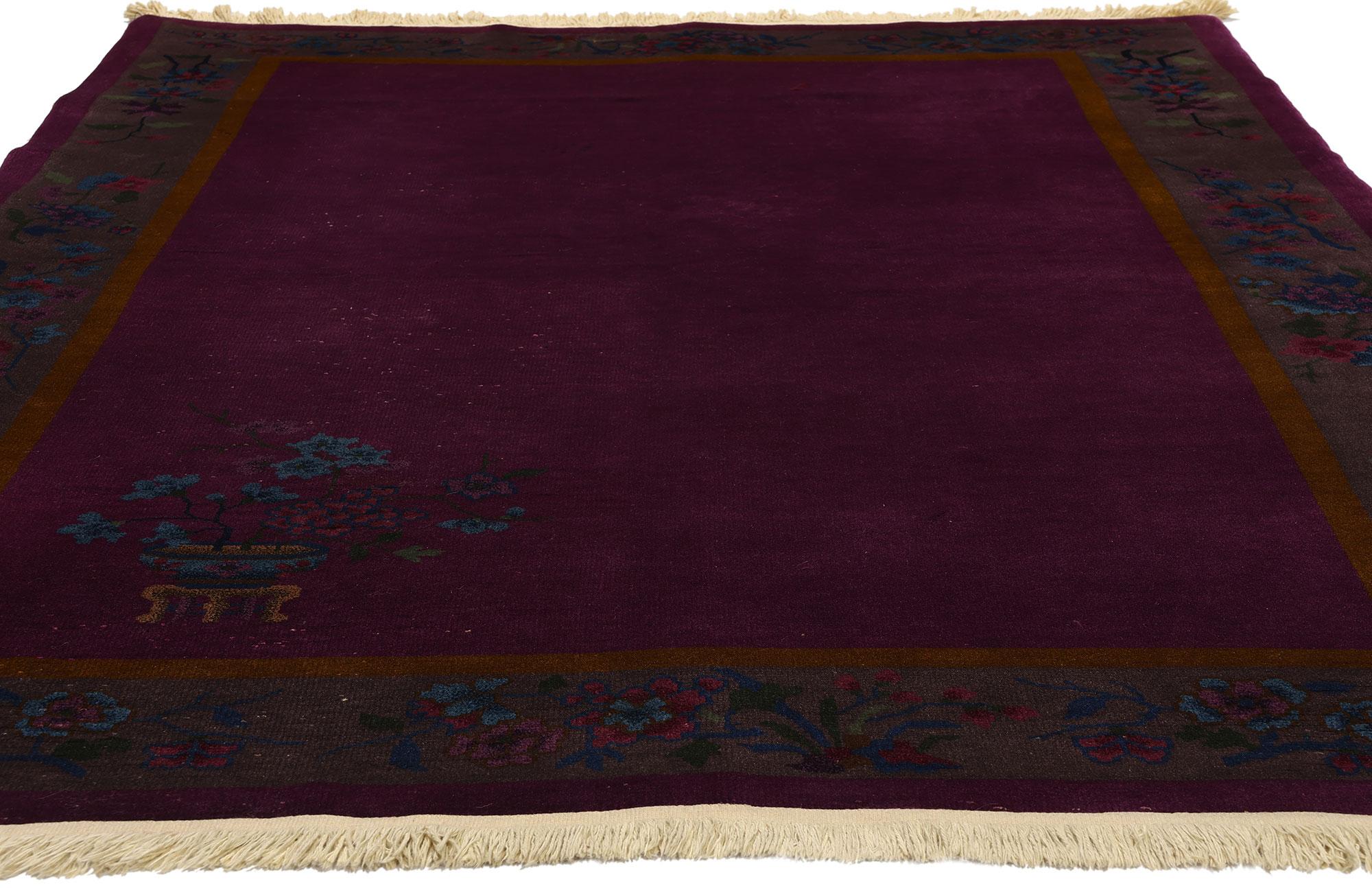 Hand-Knotted 1920s Antique Chinese Art Deco Rug, Decadent Allure Meets Captivating Opulence For Sale