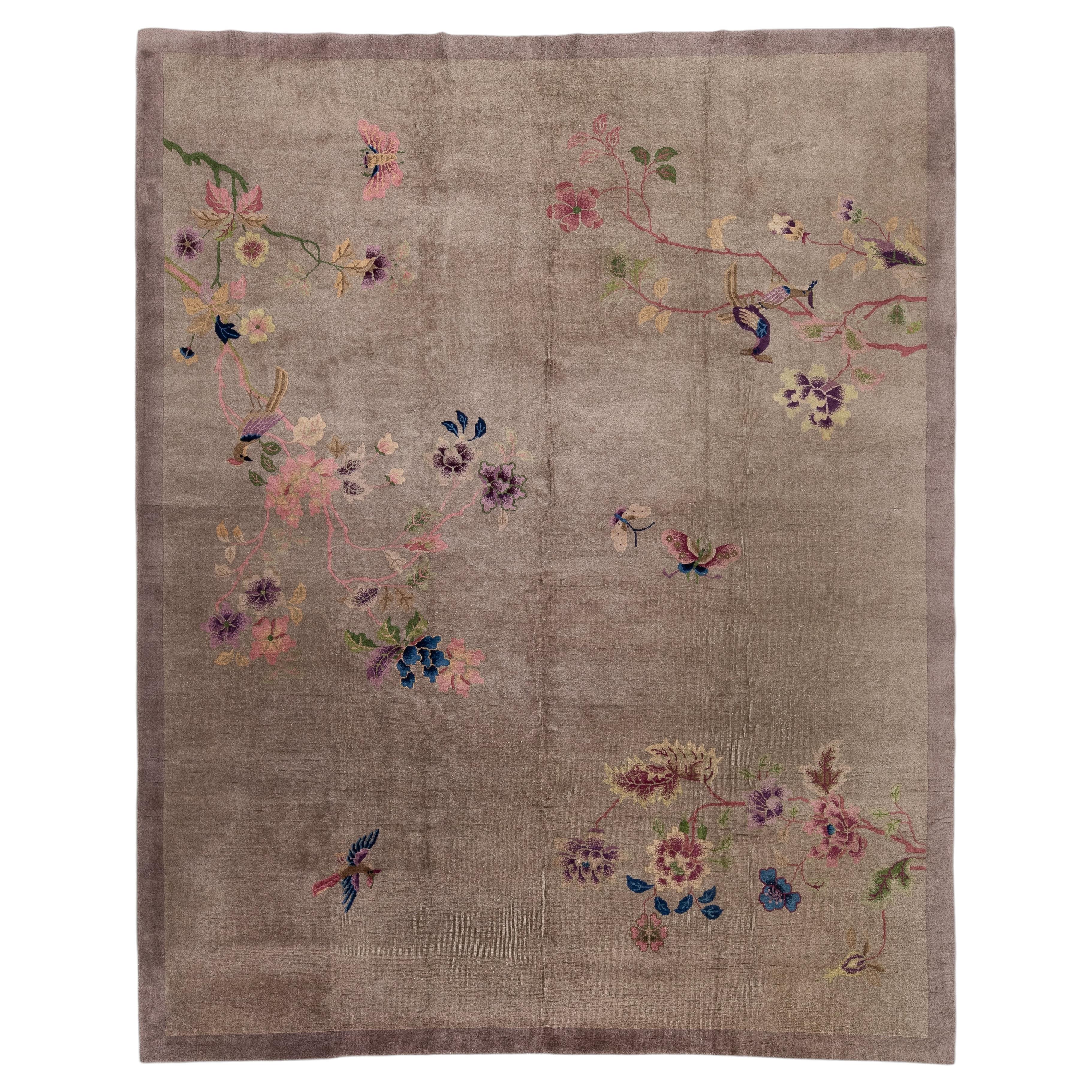 1920s Antique Chinese Art Deco Rug  Floral & Bird Motif in Taupe & Amethyst For Sale