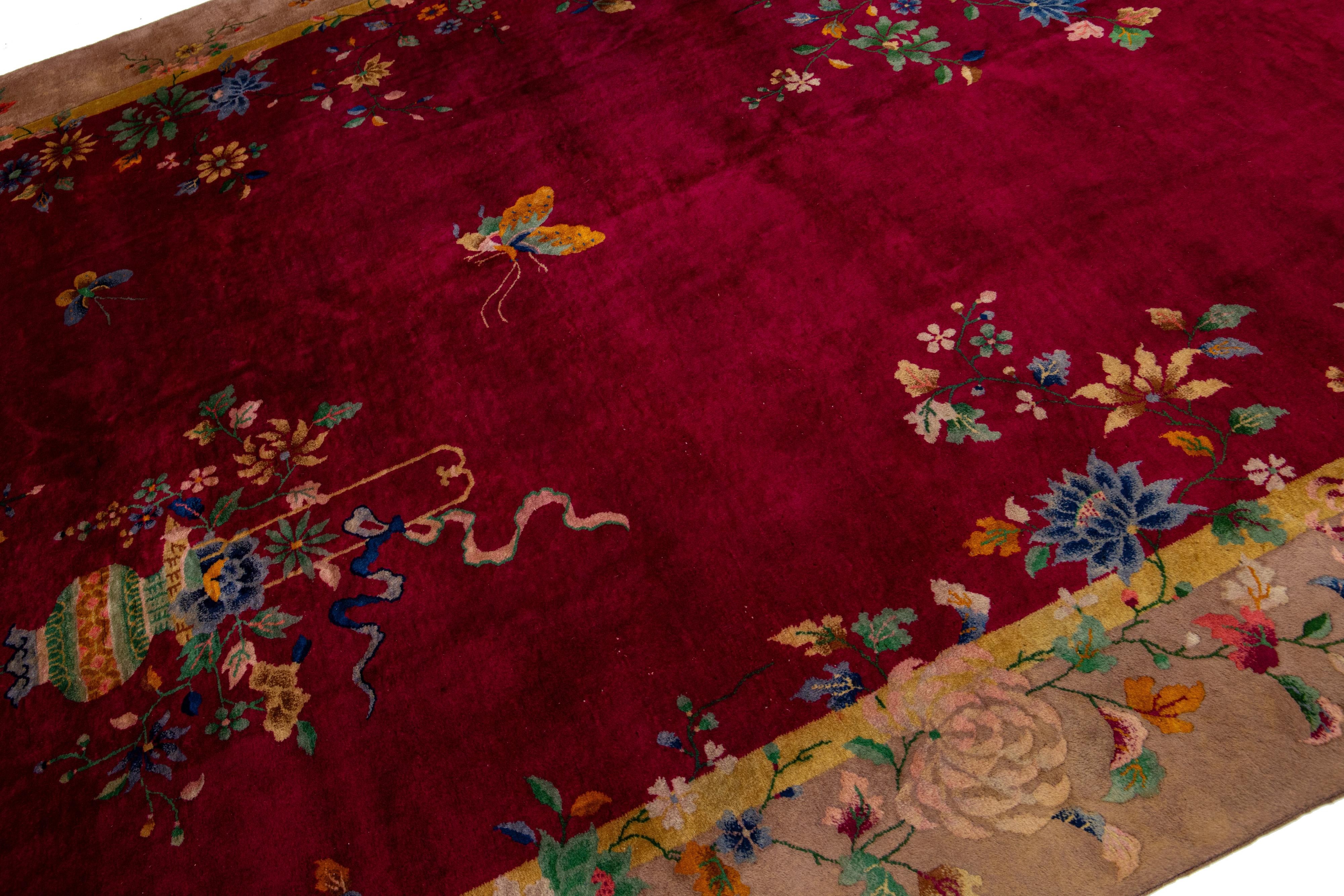 Hand-Knotted 1920s Antique Chinese Art Deco Rug In Red with Floral Motif