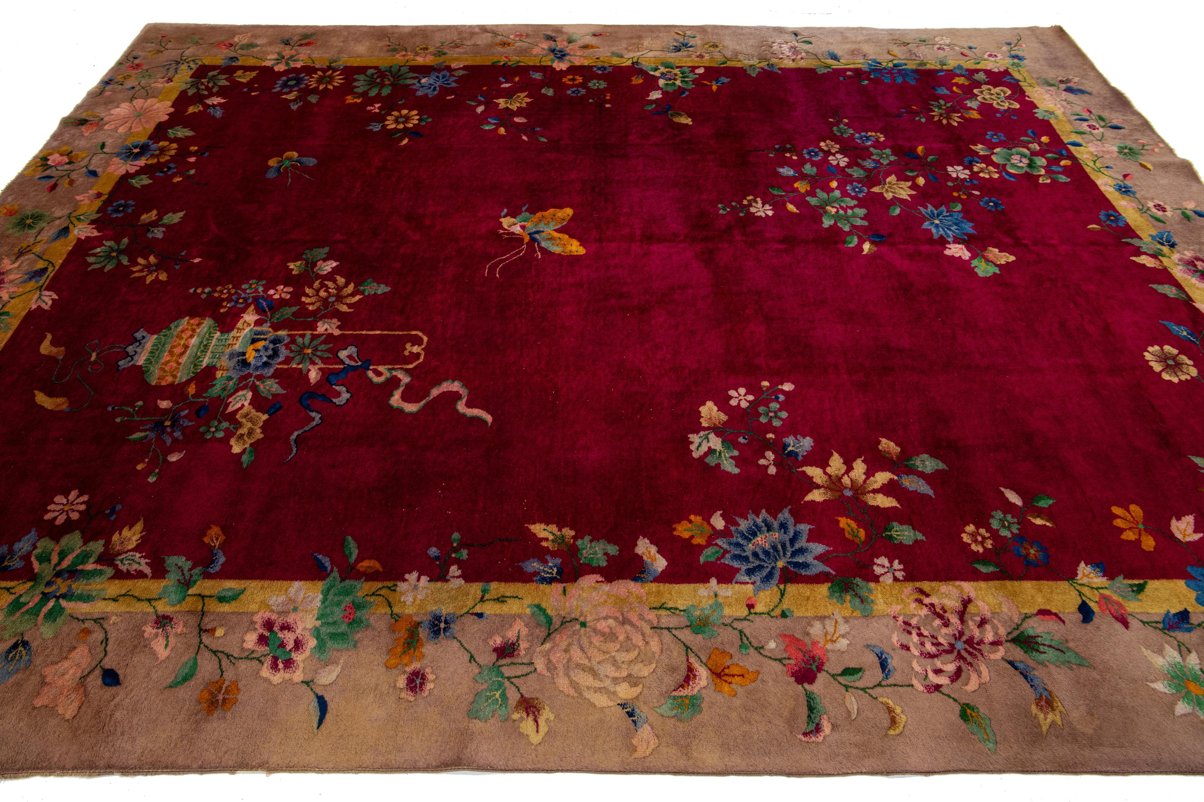 1920s Antique Chinese Art Deco Rug In Red with Floral Motif In Good Condition In Norwalk, CT