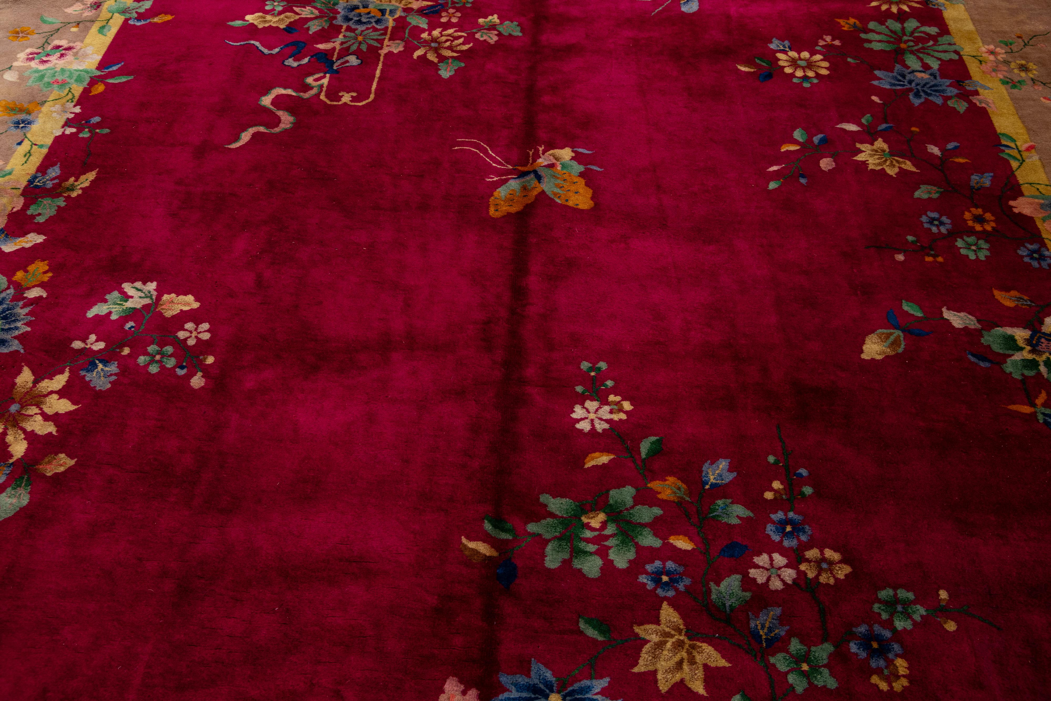 Wool 1920s Antique Chinese Art Deco Rug In Red with Floral Motif