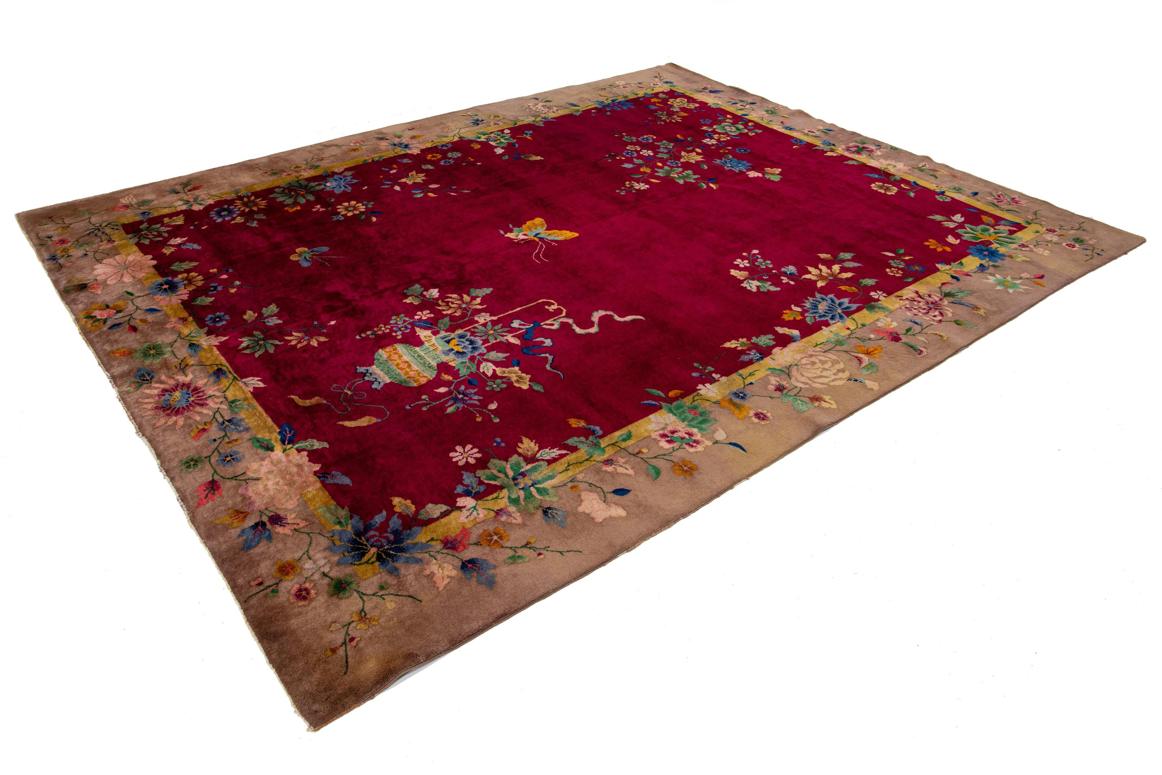 1920s Antique Chinese Art Deco Rug In Red with Floral Motif 3