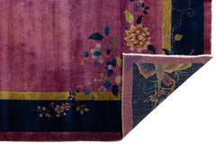 1920s Antique Chinese Art Deco Rug with Floral Branches in Magenta and Navy Blue