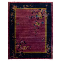 1920s Antique Chinese Art Deco Rug with Floral Branches in Magenta and Navy Blue