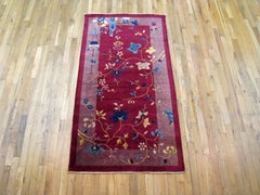 Antique Chinese Art Deco Oriental Rug, in Small Size, with Red Field and Flowers