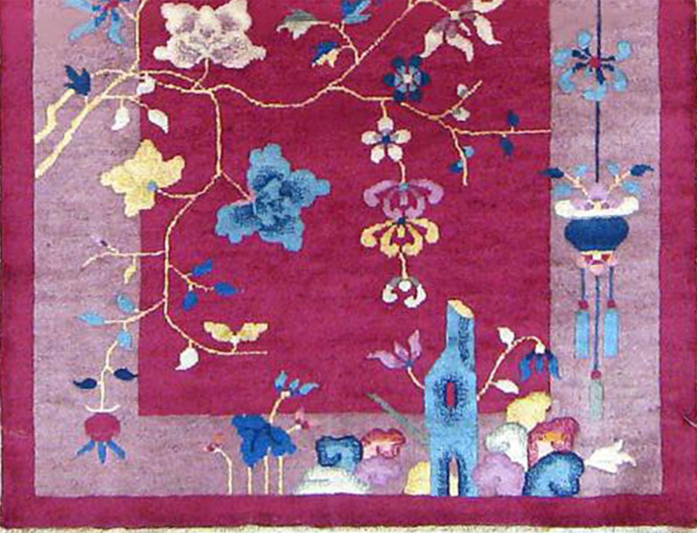 Persian Antique Chinese Art Deco Oriental Rug, in Small Size, with Red Field and Flowers For Sale